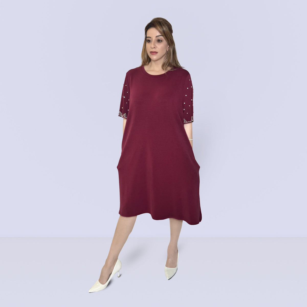 Pearl Sleeve T-shirt Dress - Maroon