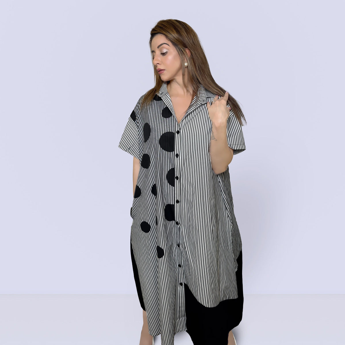 Abstract Stripe Shirt Dress - Black