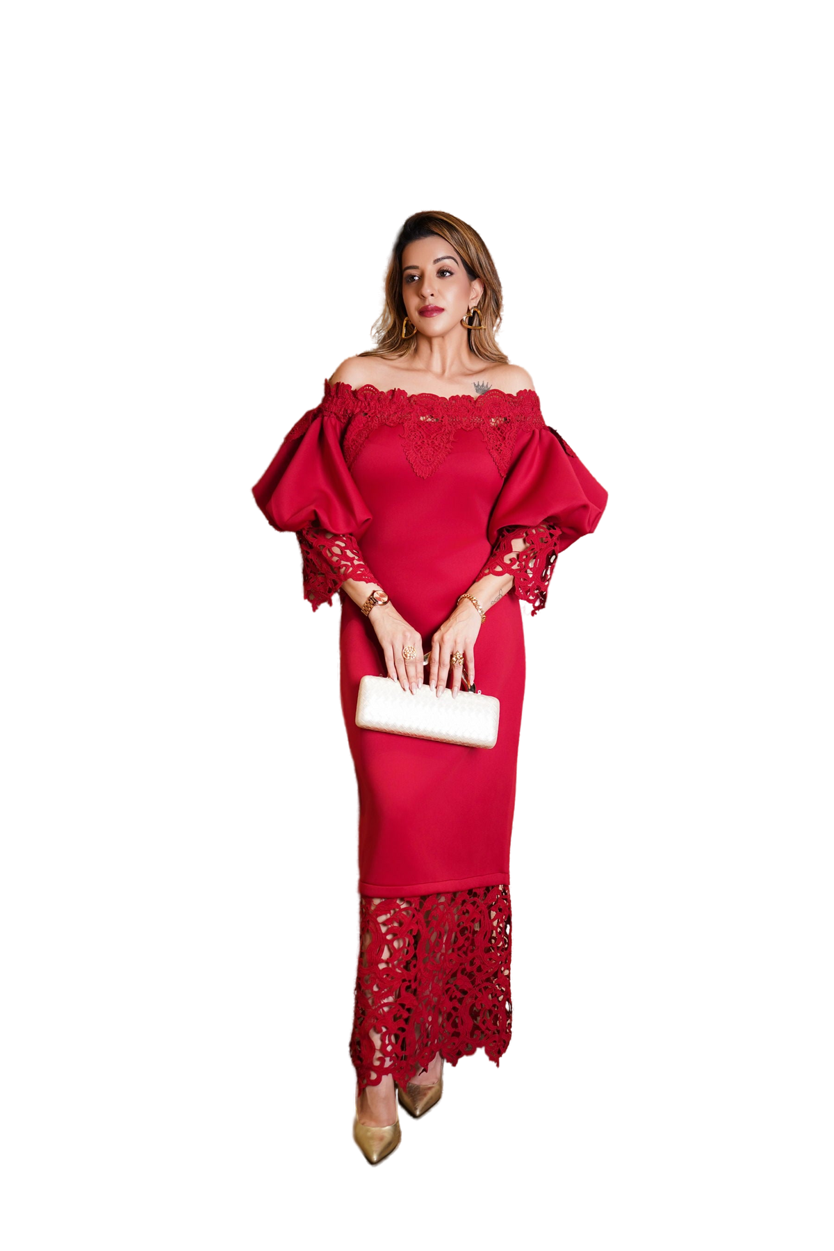 Luxury LAP model in a red off-shoulder dress with a lace hem