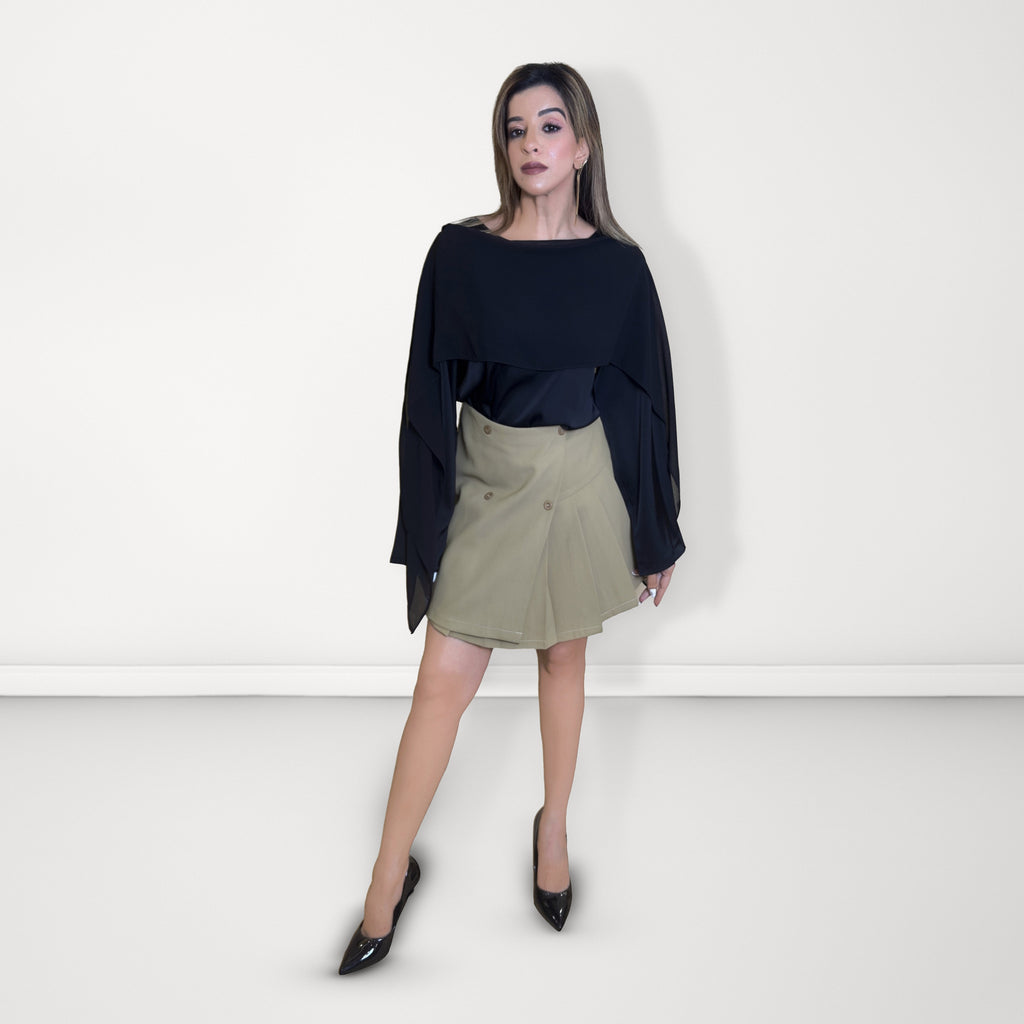 Beige Button-Detail Pleated Skirt - Beige/Tan