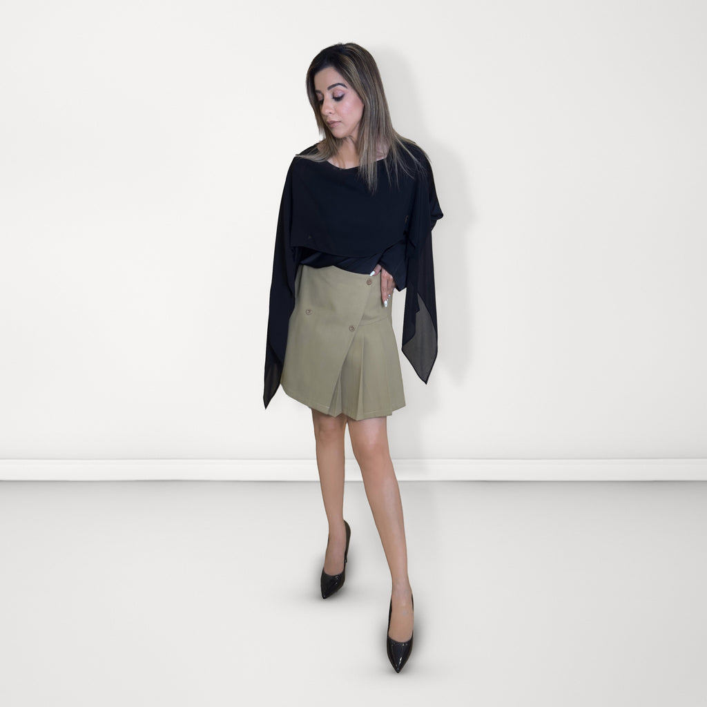Beige Button-Detail Pleated Skirt - Beige/Tan