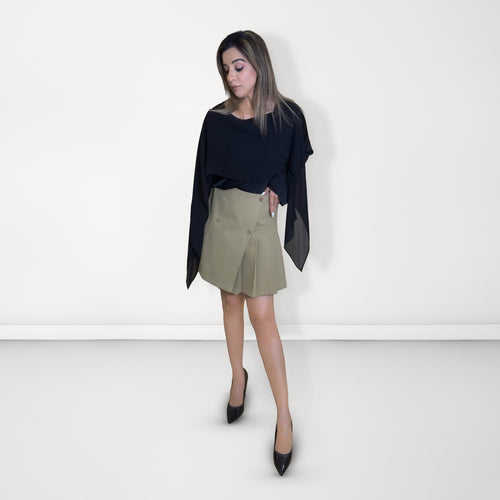 Beige Button-Detail Pleated Skirt - Beige/Tan
