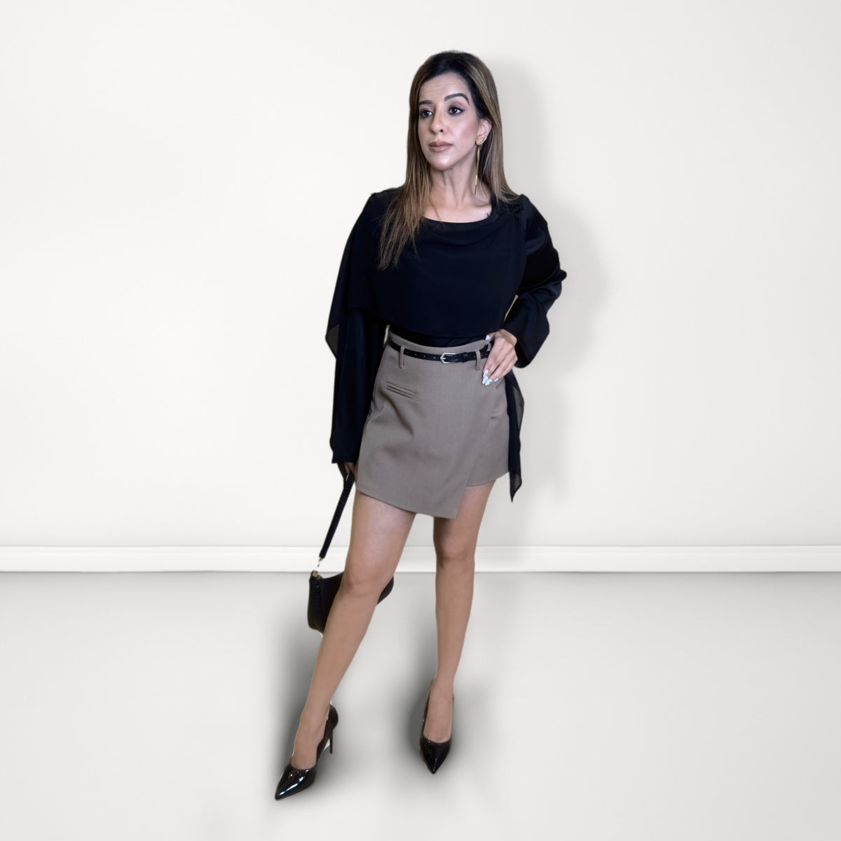 Belted A-Line Skort - Light Brown