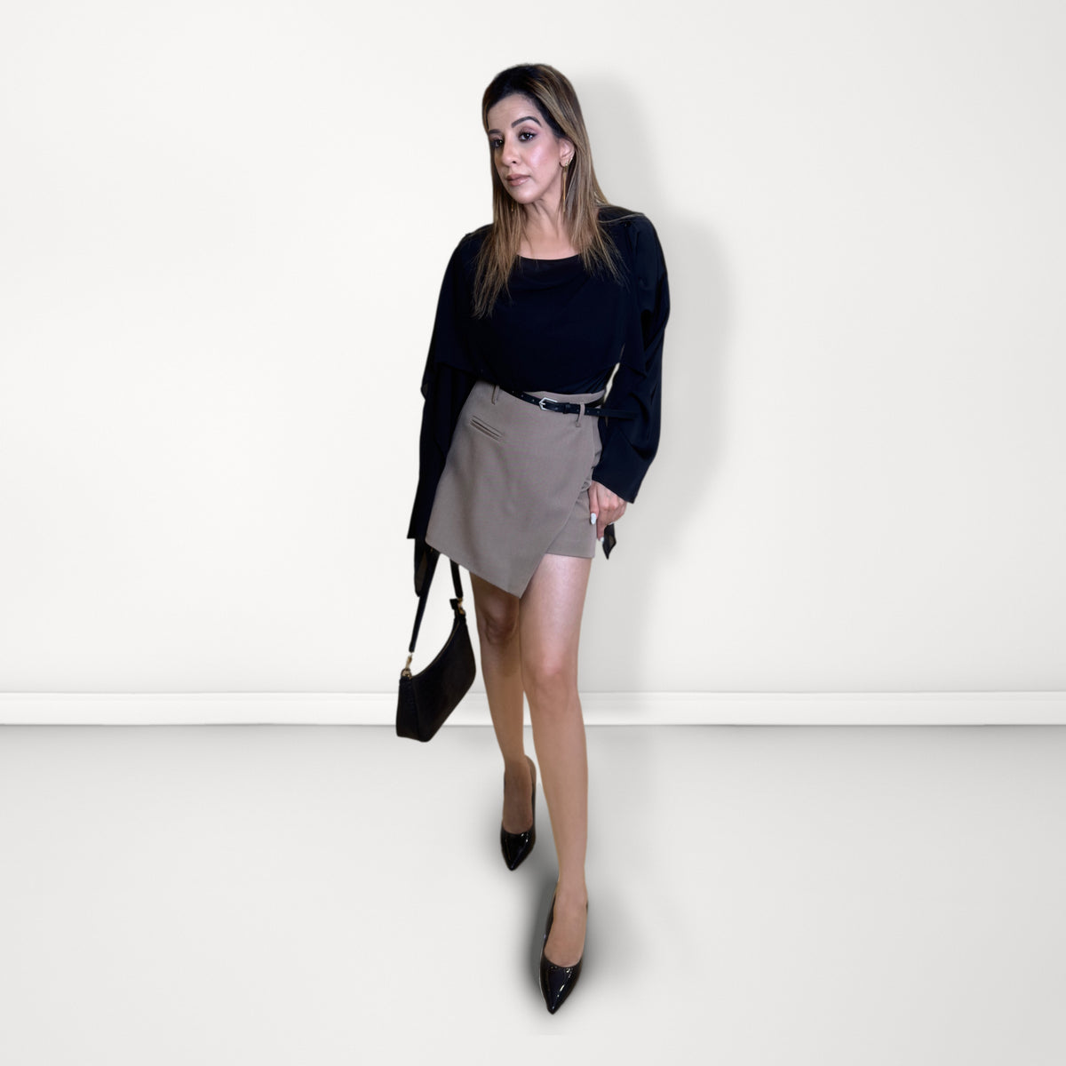 Belted A-Line Skort - Light Brown