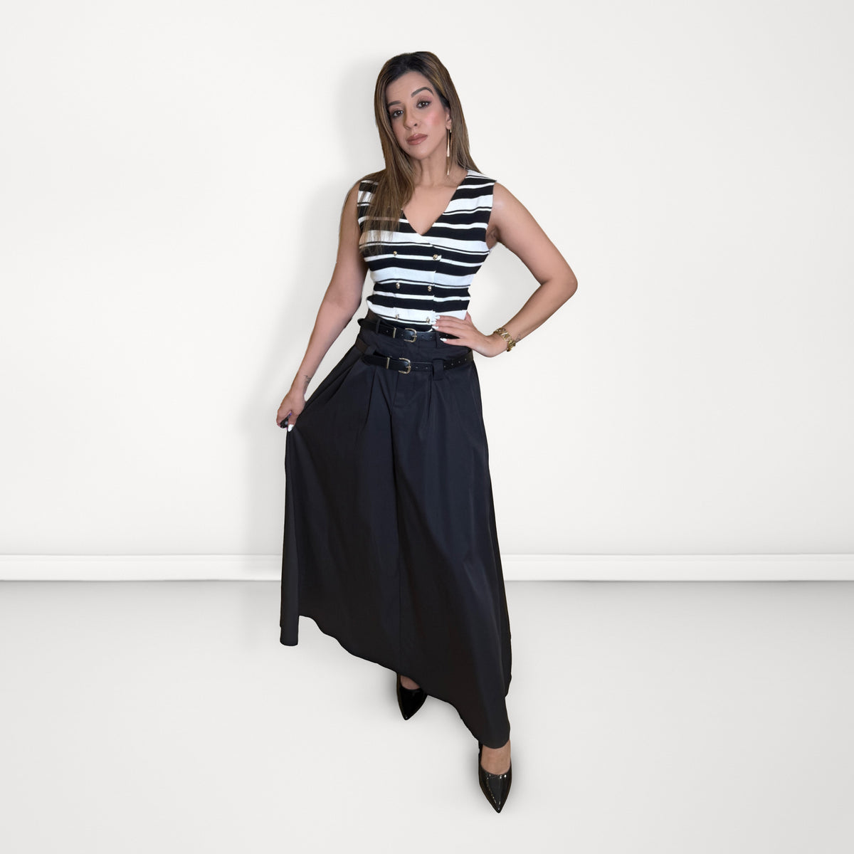 Double-Belted Flared MaxI Skirt - Black