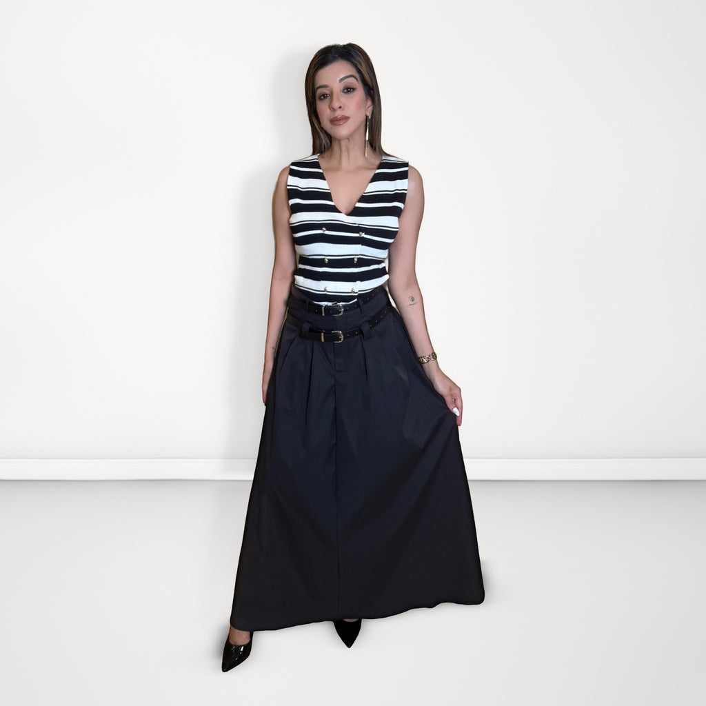 Double-Belted Flared MaxI Skirt - Black
