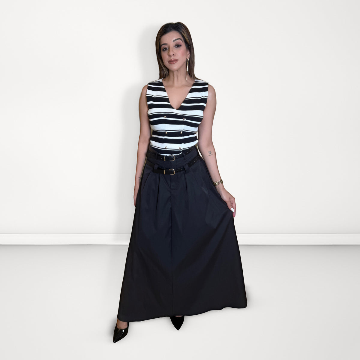 Double-Belted Flared MaxI Skirt - Black
