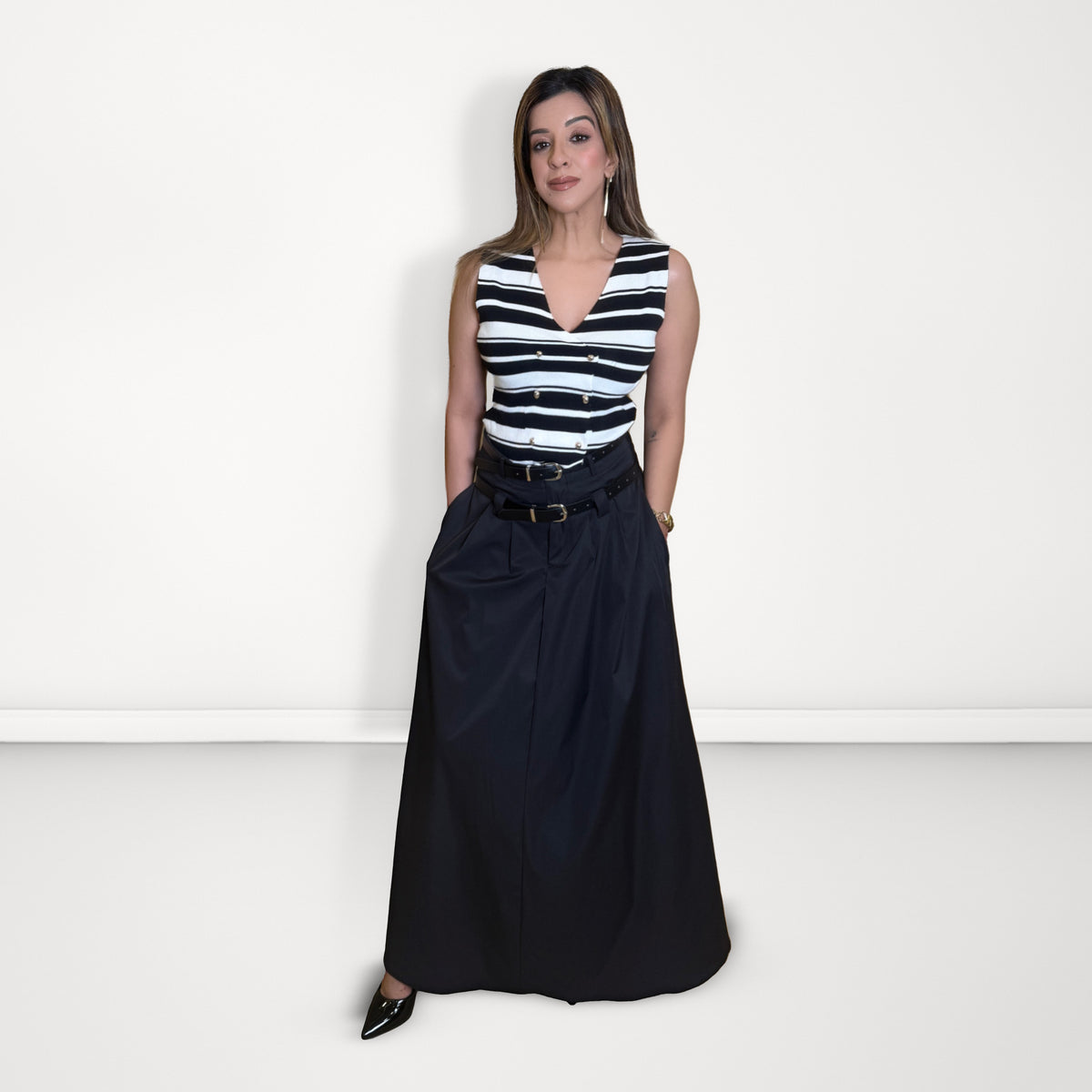 Double-Belted Flared MaxI Skirt - Black