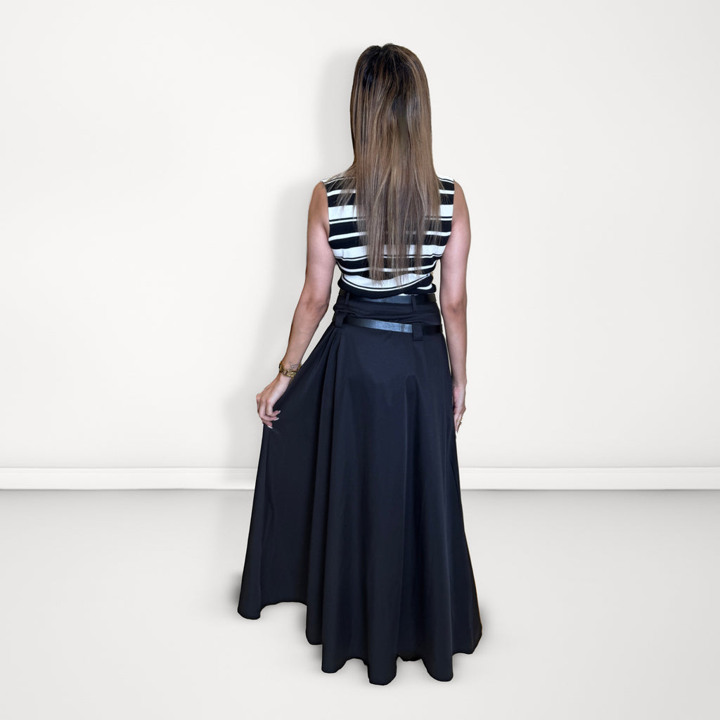 Double-Belted Flared MaxI Skirt - Black