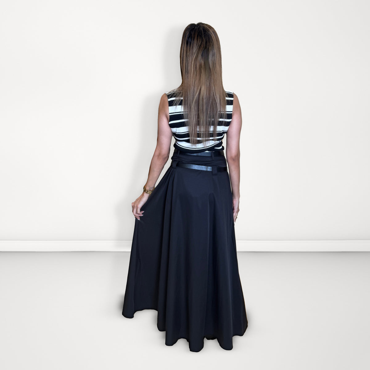 Double-Belted Flared MaxI Skirt - Black