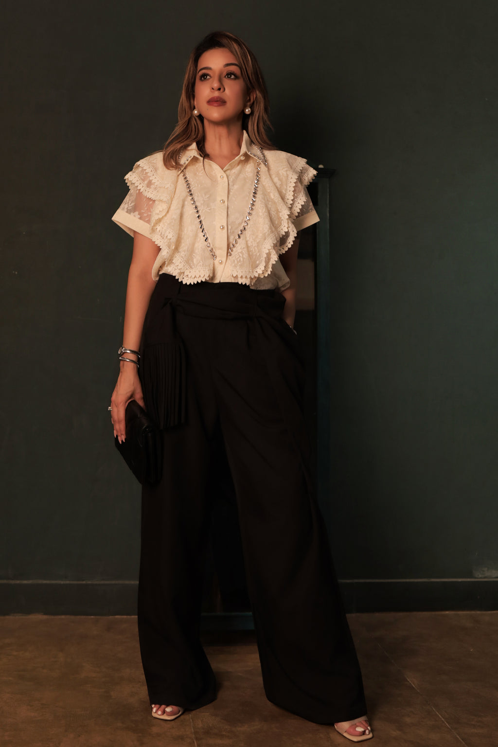 Black Wide-Leg Fringe Trousers - Black