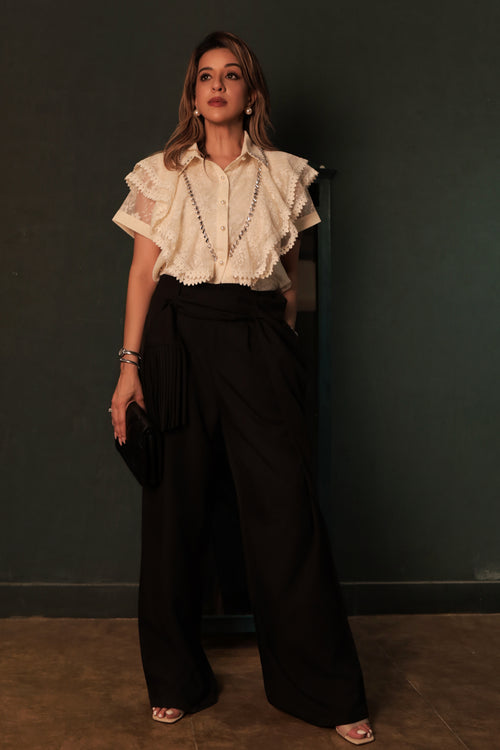 Black Wide-Leg Fringe Trousers - Black