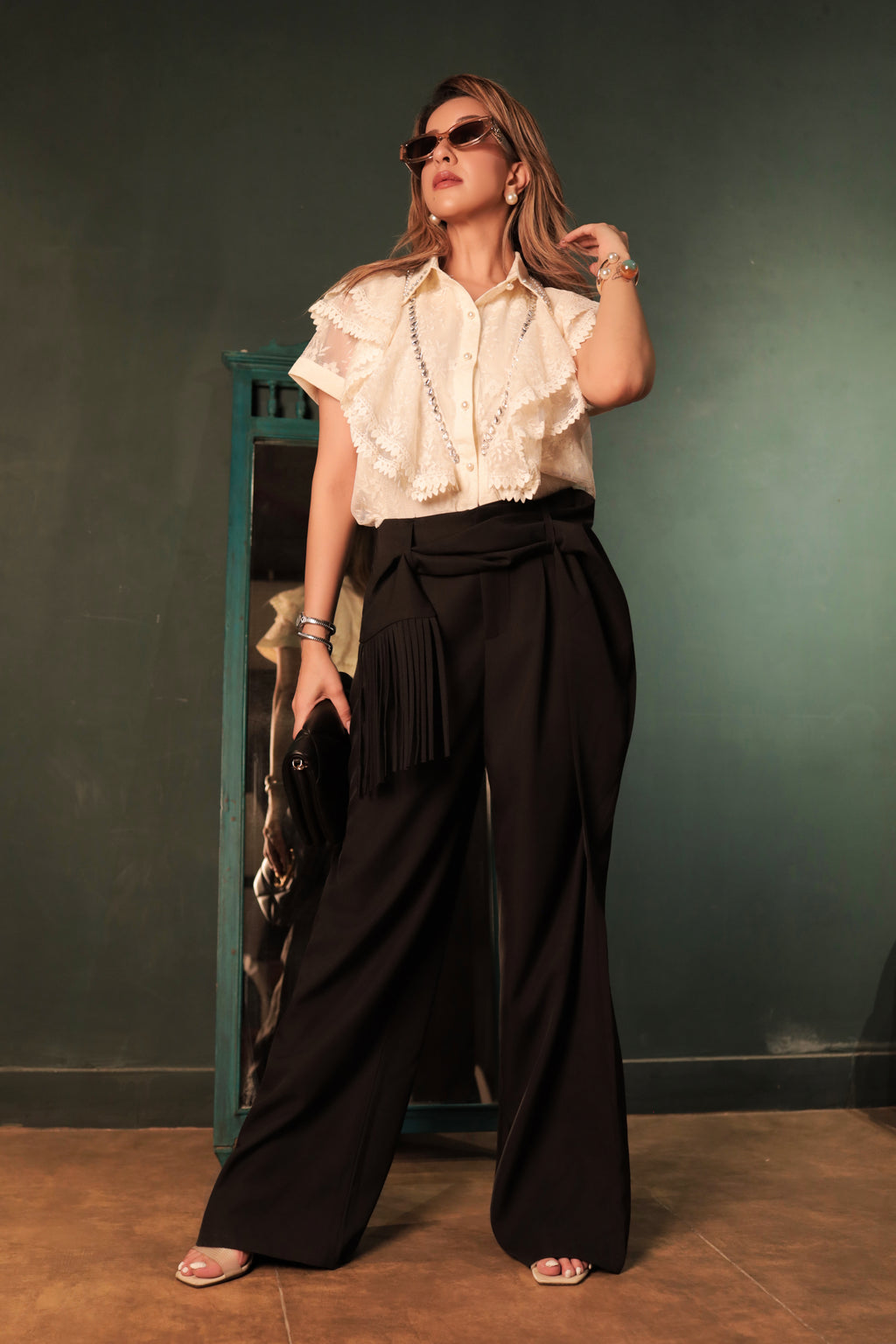 Black Wide-Leg Fringe Trousers - Black