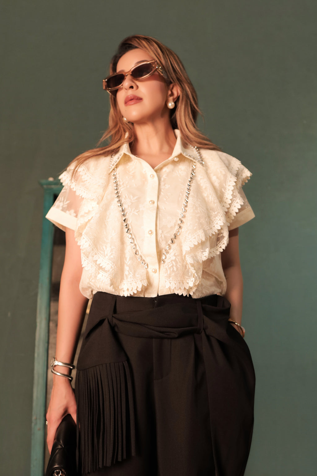 Black Wide-Leg Fringe Trousers - Black