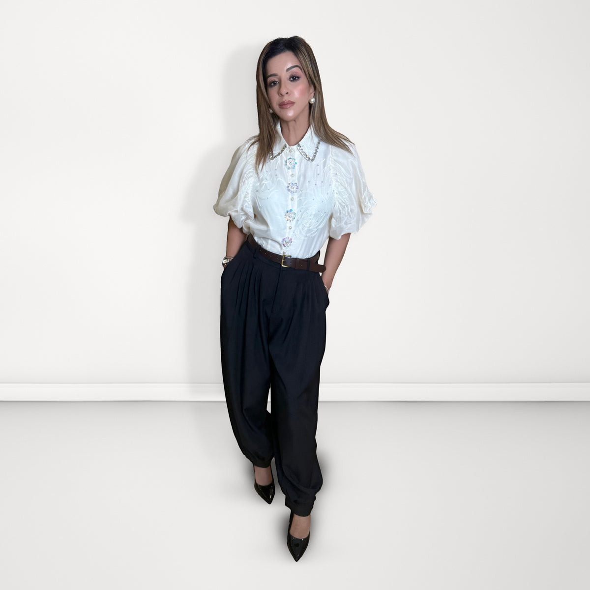 Belted Pleated Balloon Pant - Black