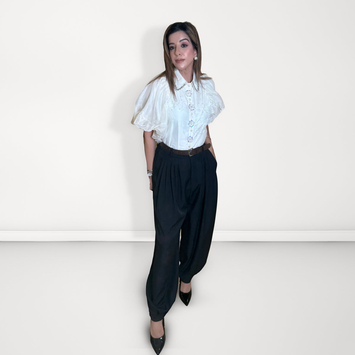 Belted Pleated Balloon Pant - Black