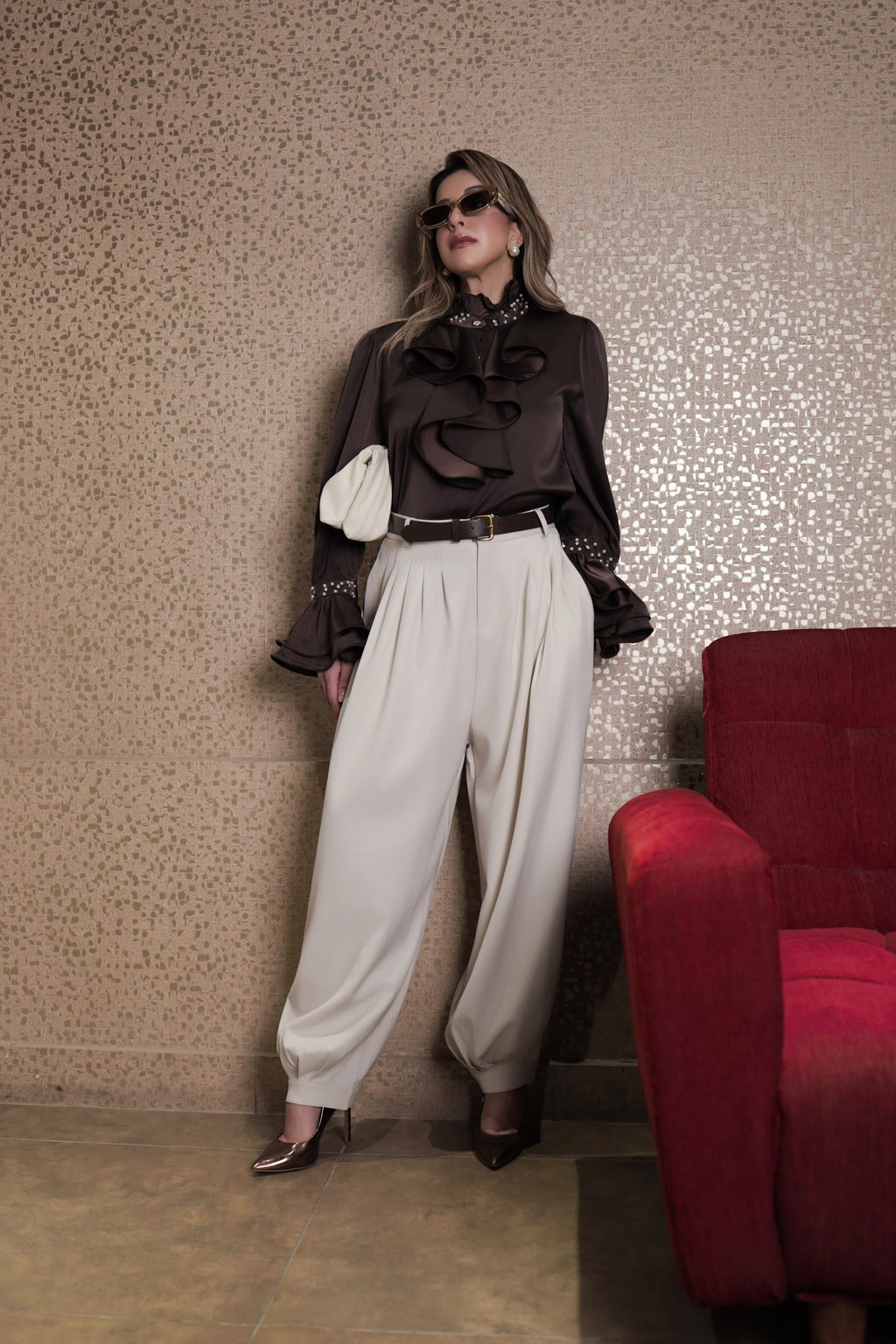 Belted Pleated Balloon Pant - Cream