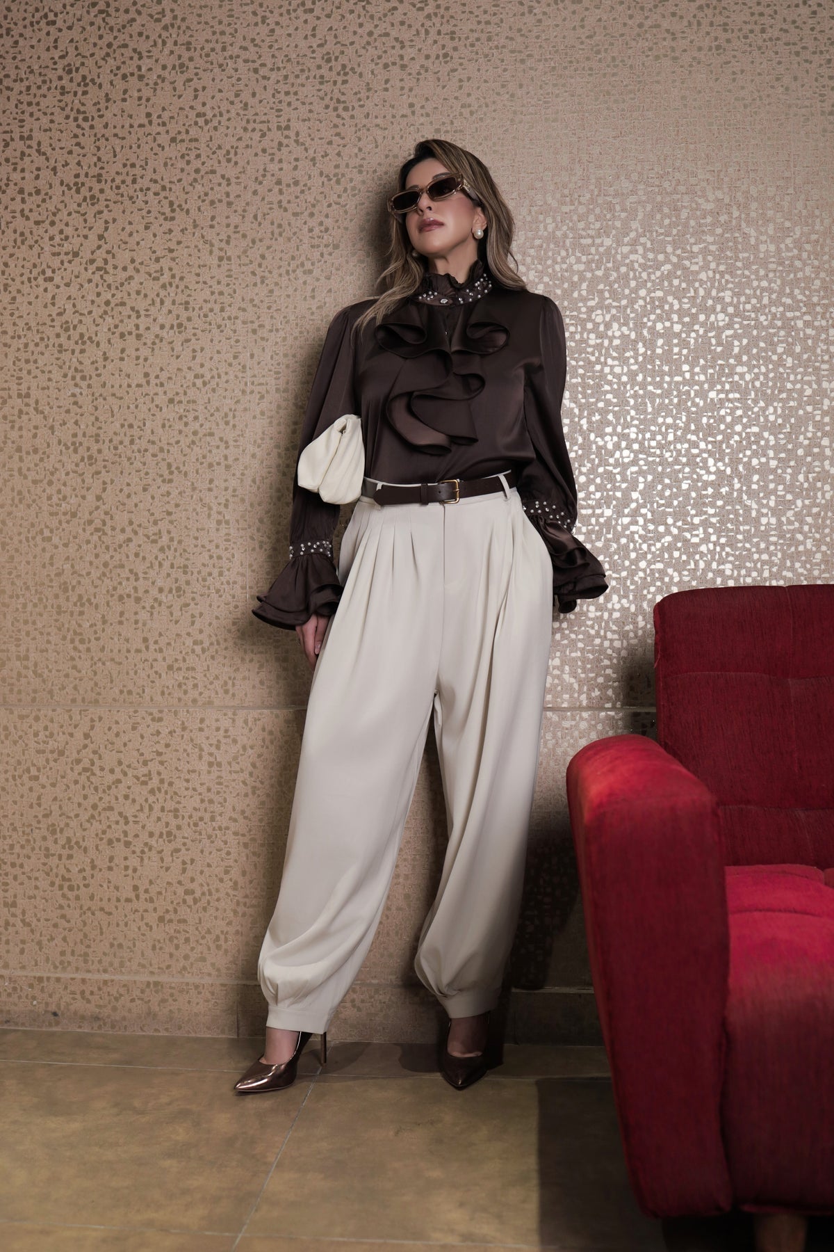Belted Pleated Balloon Pant - Cream