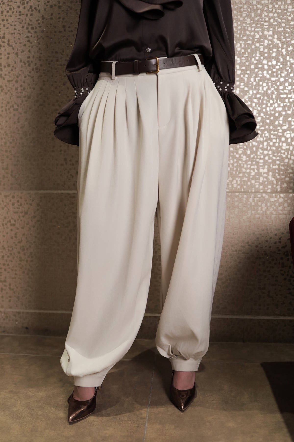Belted Pleated Balloon Pant - Cream