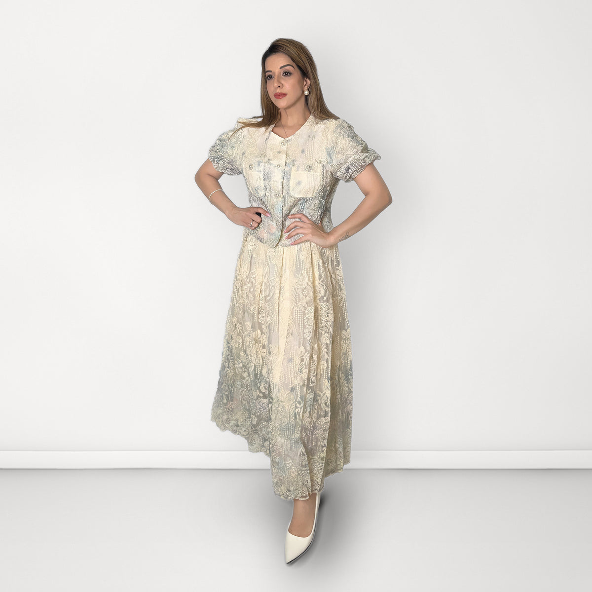 Pastel Floral Embroidered Co-ord Set - Green & Ivory
