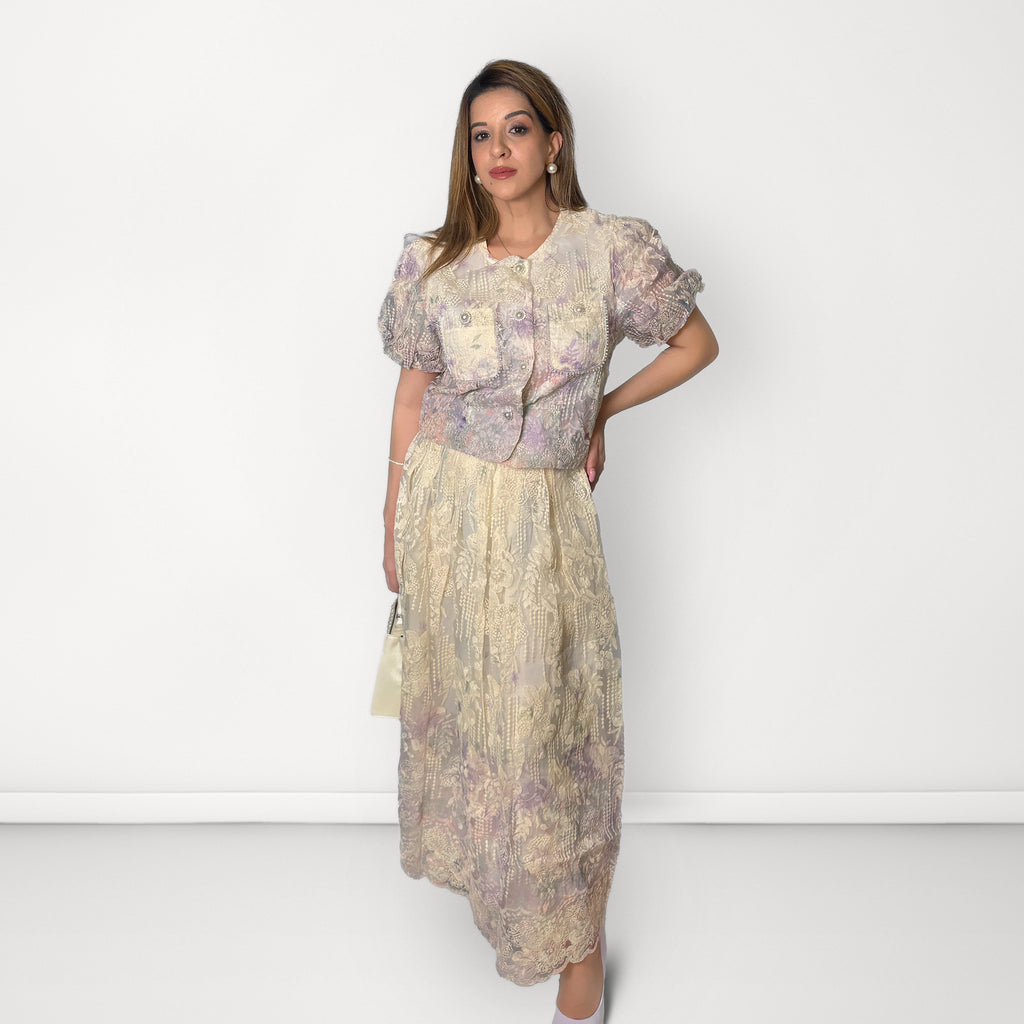 Pastel Floral Embroidered Co-ord Set - Lavender & Ivory