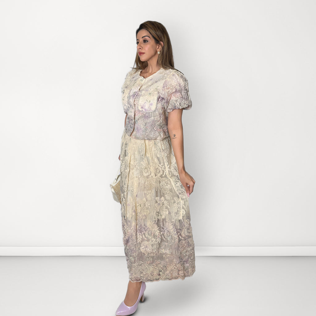 Pastel Floral Embroidered Co-ord Set - Lavender & Ivory