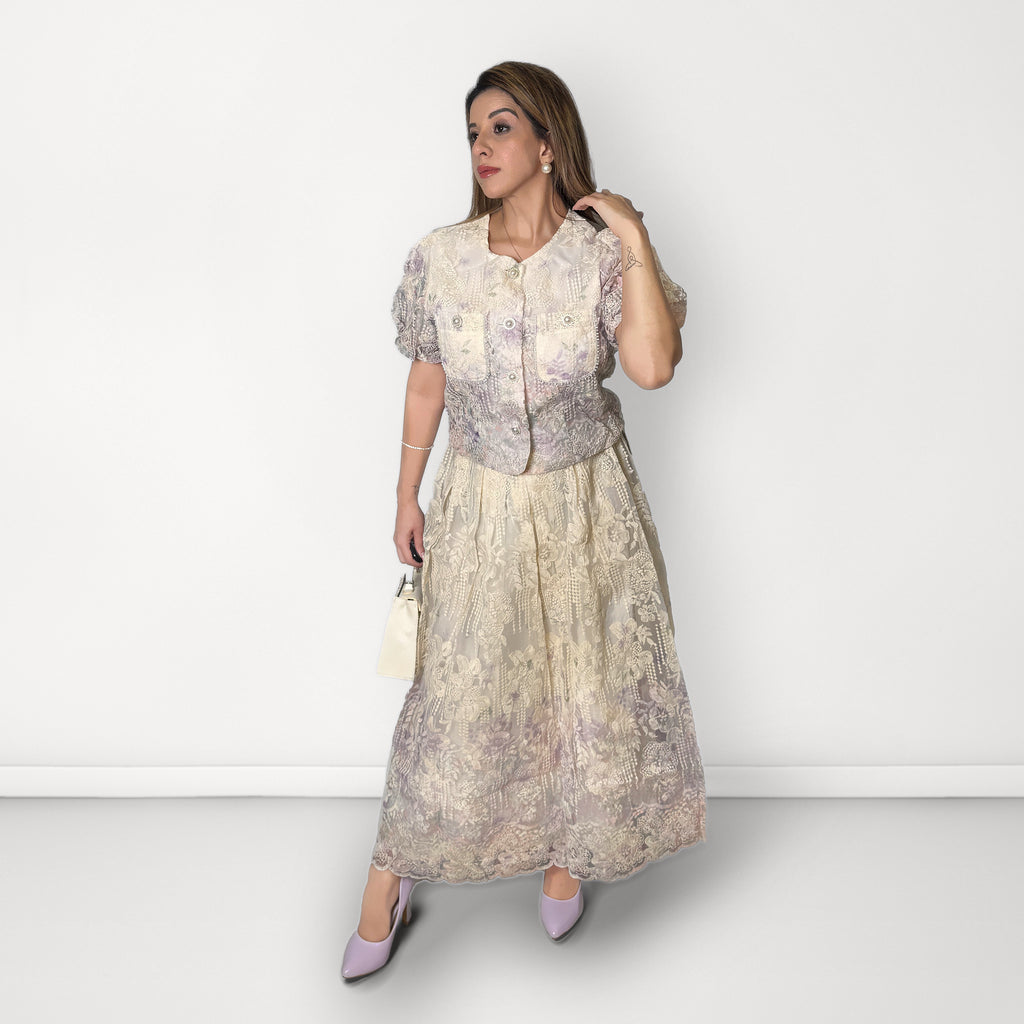 Pastel Floral Embroidered Co-ord Set - Lavender & Ivory