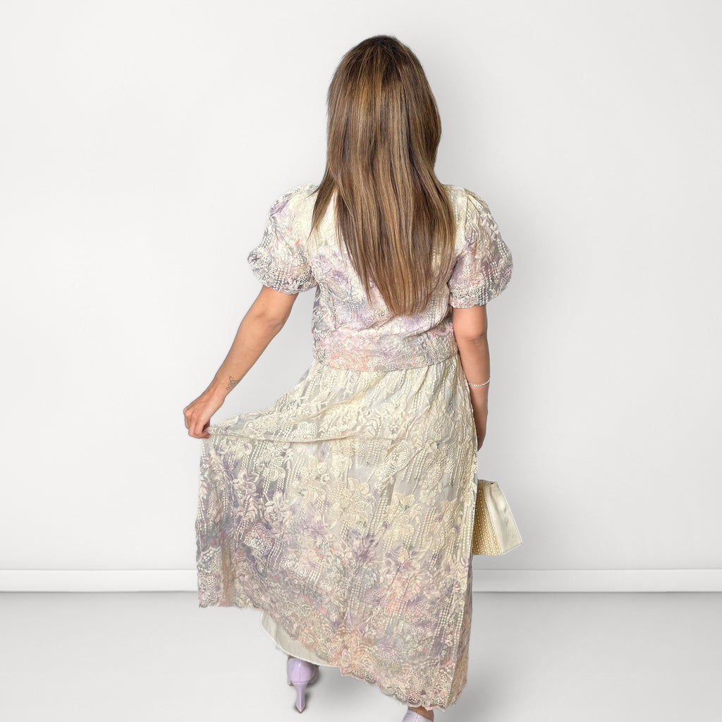 Pastel Floral Embroidered Co-ord Set - Lavender & Ivory