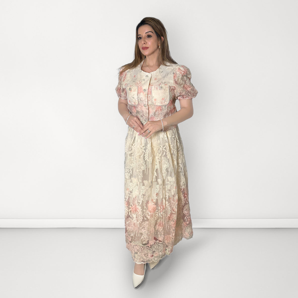 Pastel Floral Embroidered Co-ord Set - Peach & Ivory