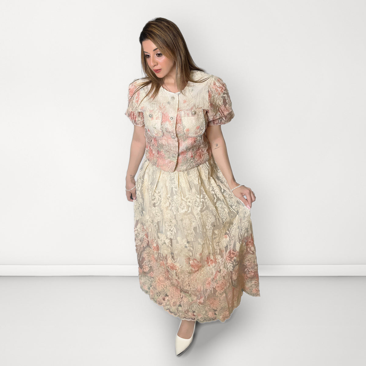 Pastel Floral Embroidered Co-ord Set - Peach & Ivory