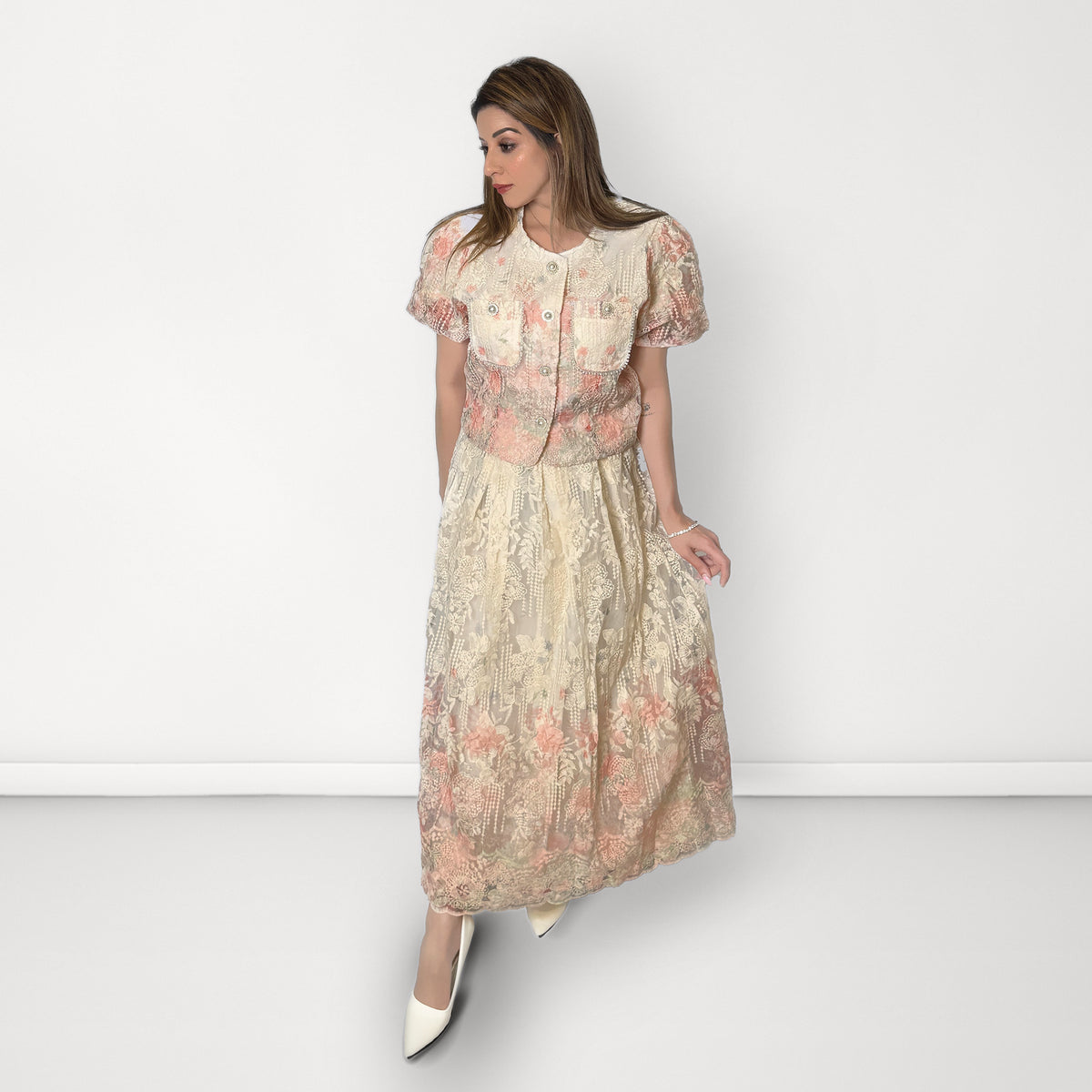 Pastel Floral Embroidered Co-ord Set - Peach & Ivory