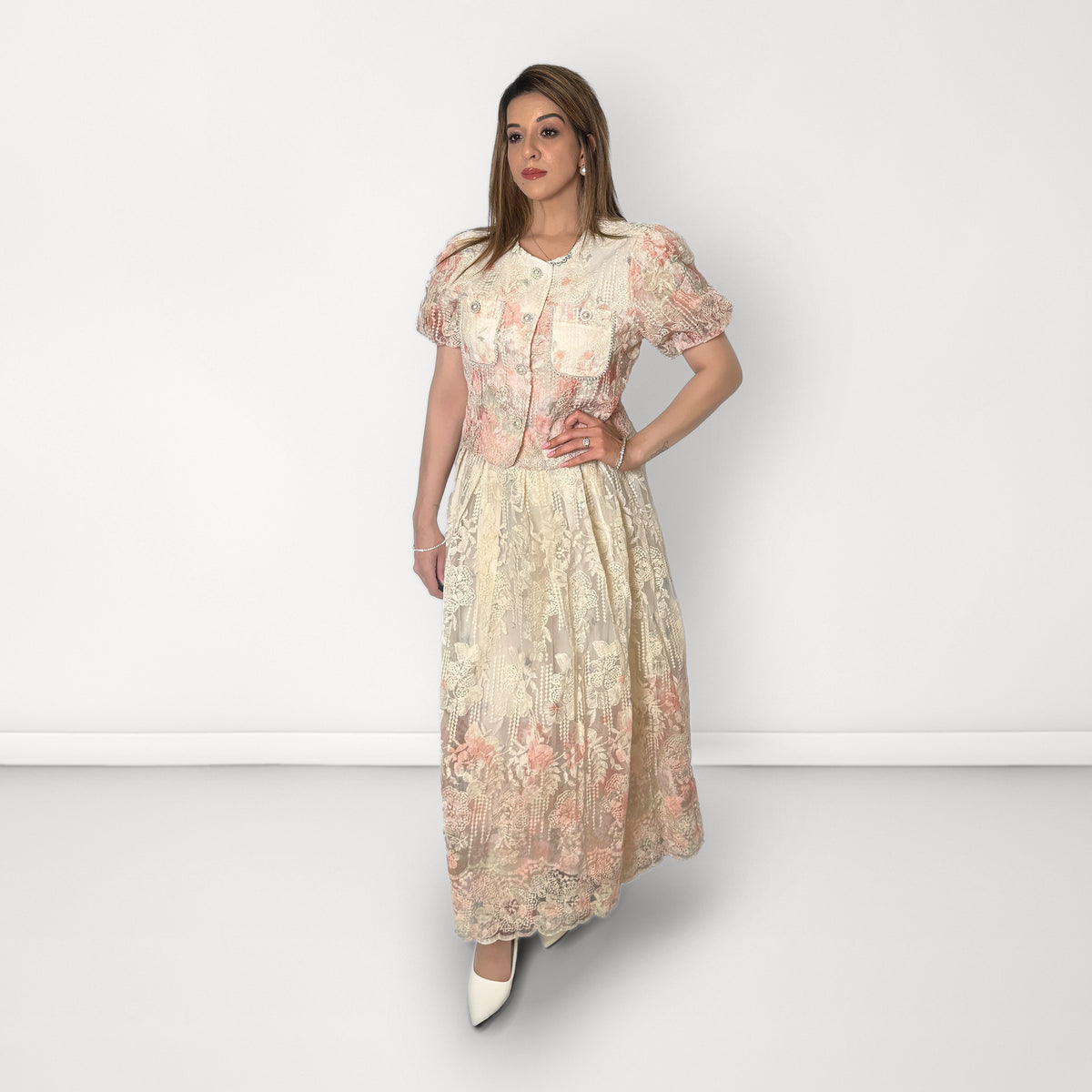 Pastel Floral Embroidered Co-ord Set - Peach & Ivory