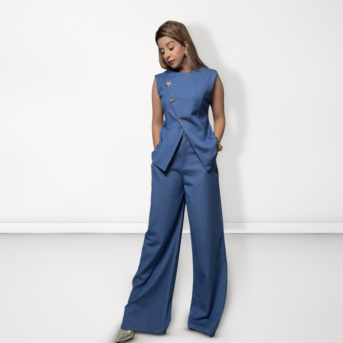 Asymmetric Button-Detail Coord Set - Medium Blue