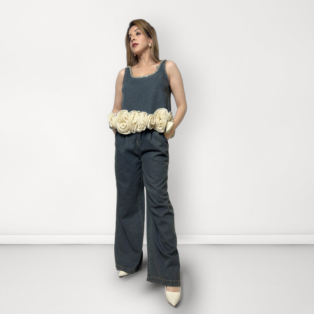 Embellished 3D Flower Coord Set - Washed Blue