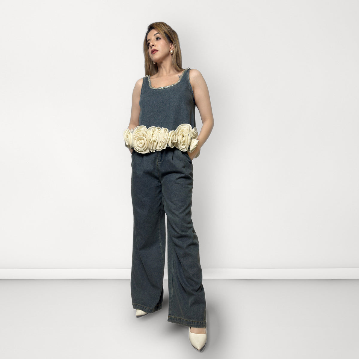 Embellished 3D Flower Coord Set - Washed Blue