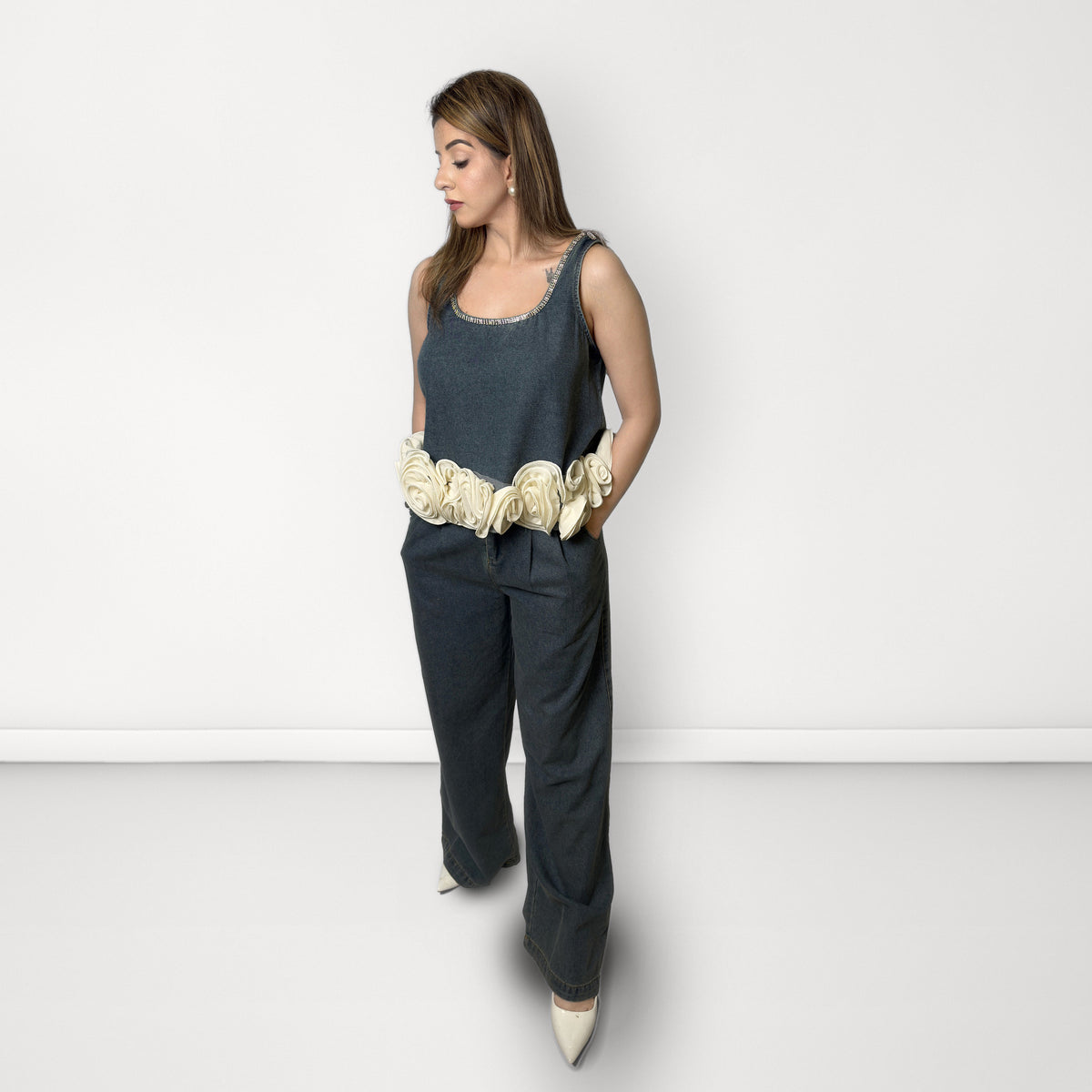 Embellished 3D Flower Coord Set - Washed Blue