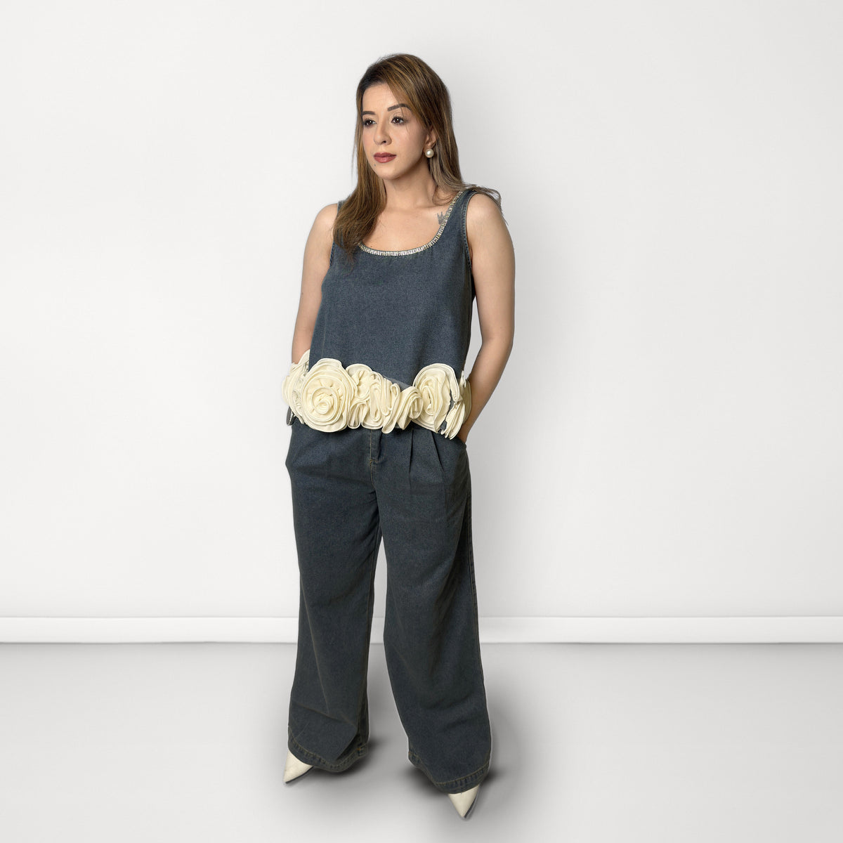 Embellished 3D Flower Coord Set - Washed Blue