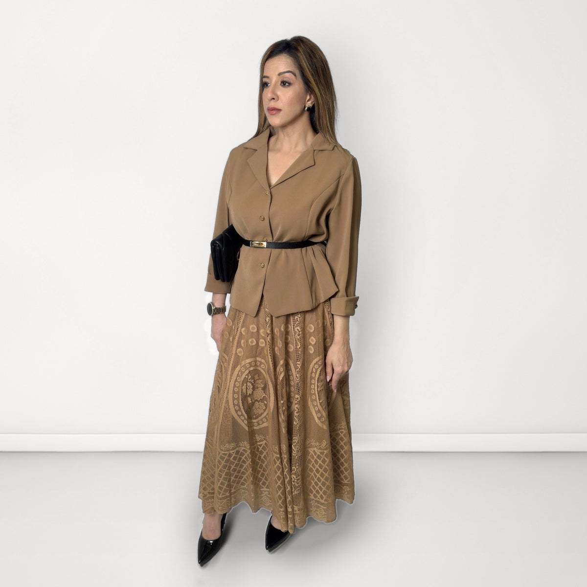 Blazer & Lace Skirt Set - Beige