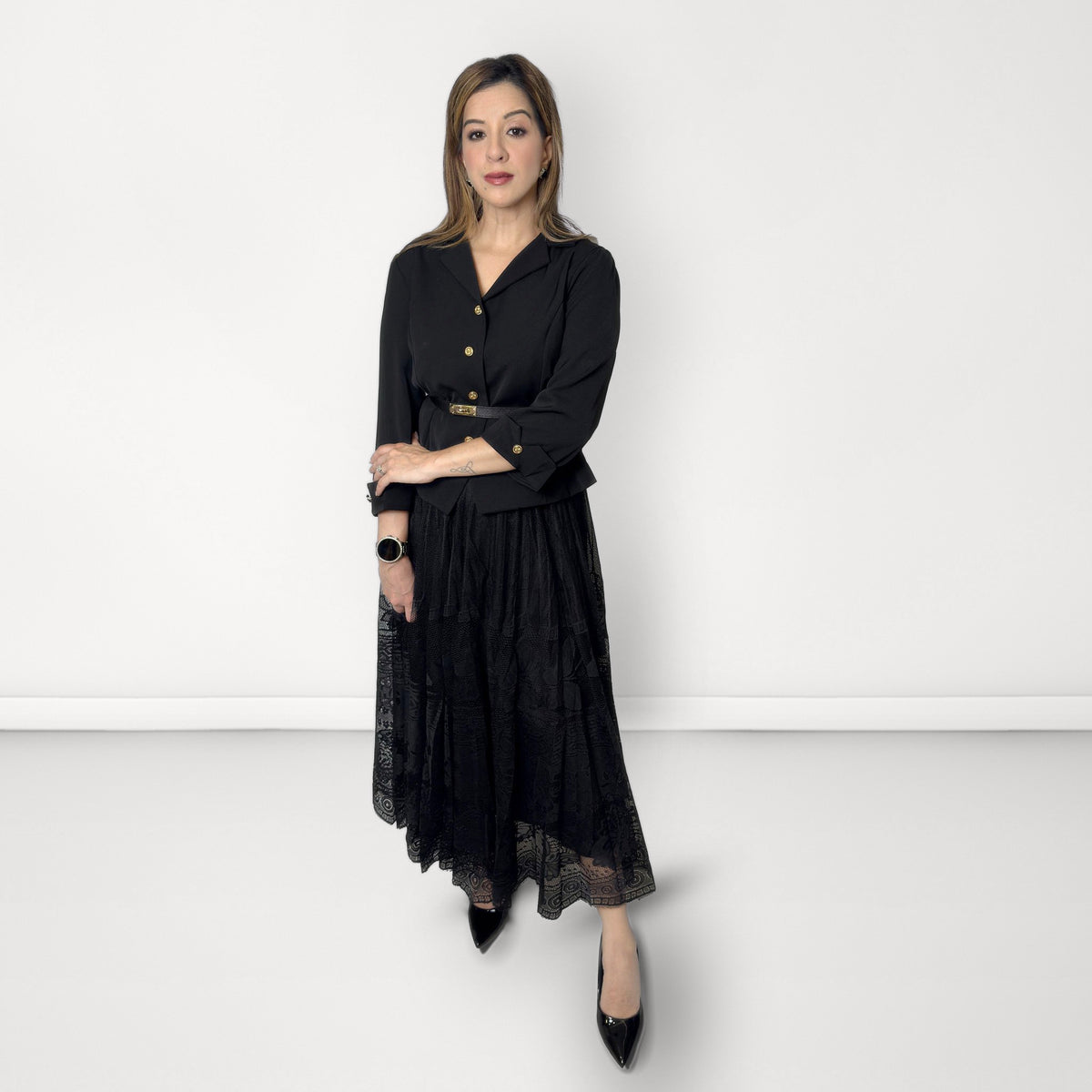 Blazer & Lace Skirt Set - Black