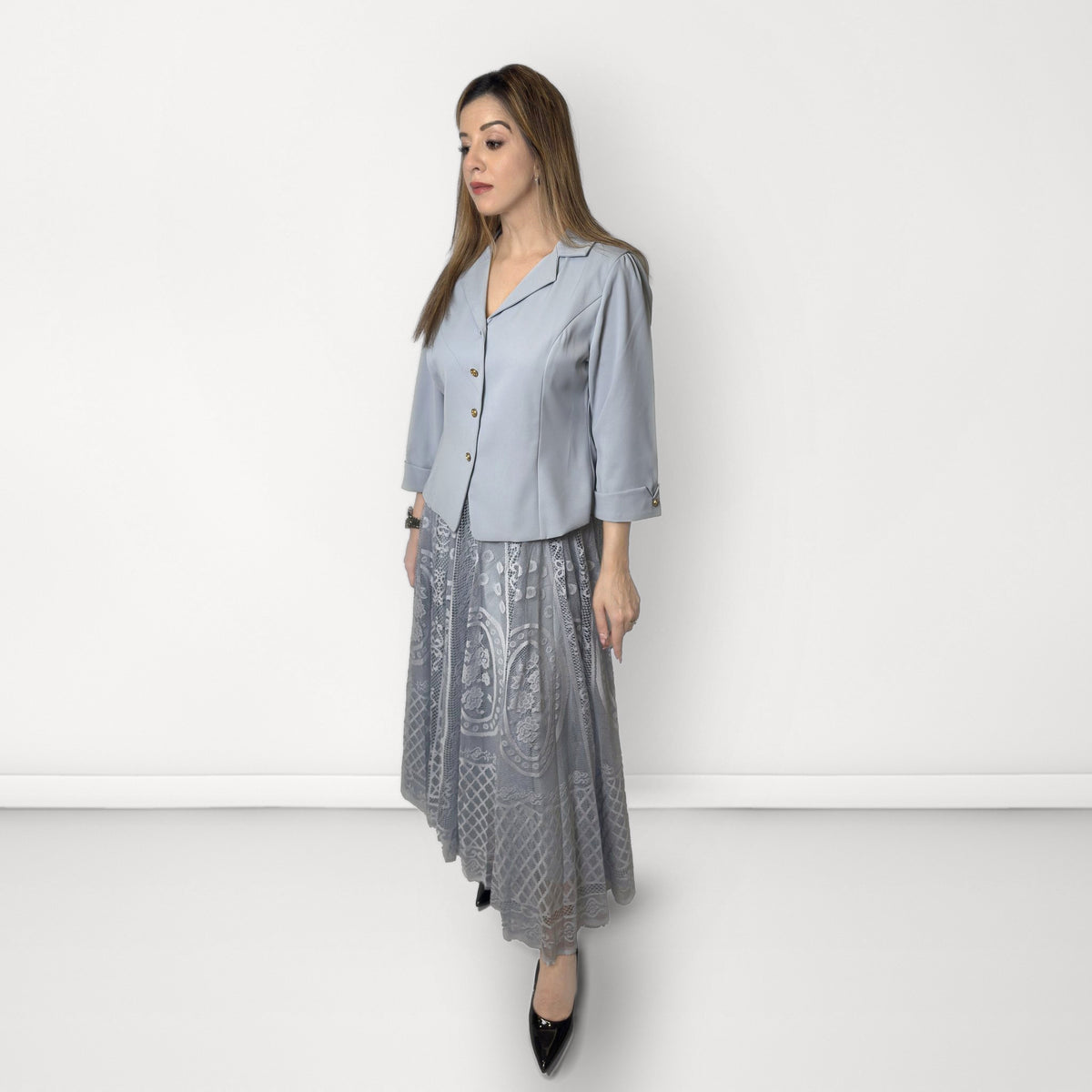 Blazer & Lace Skirt Set - Blue