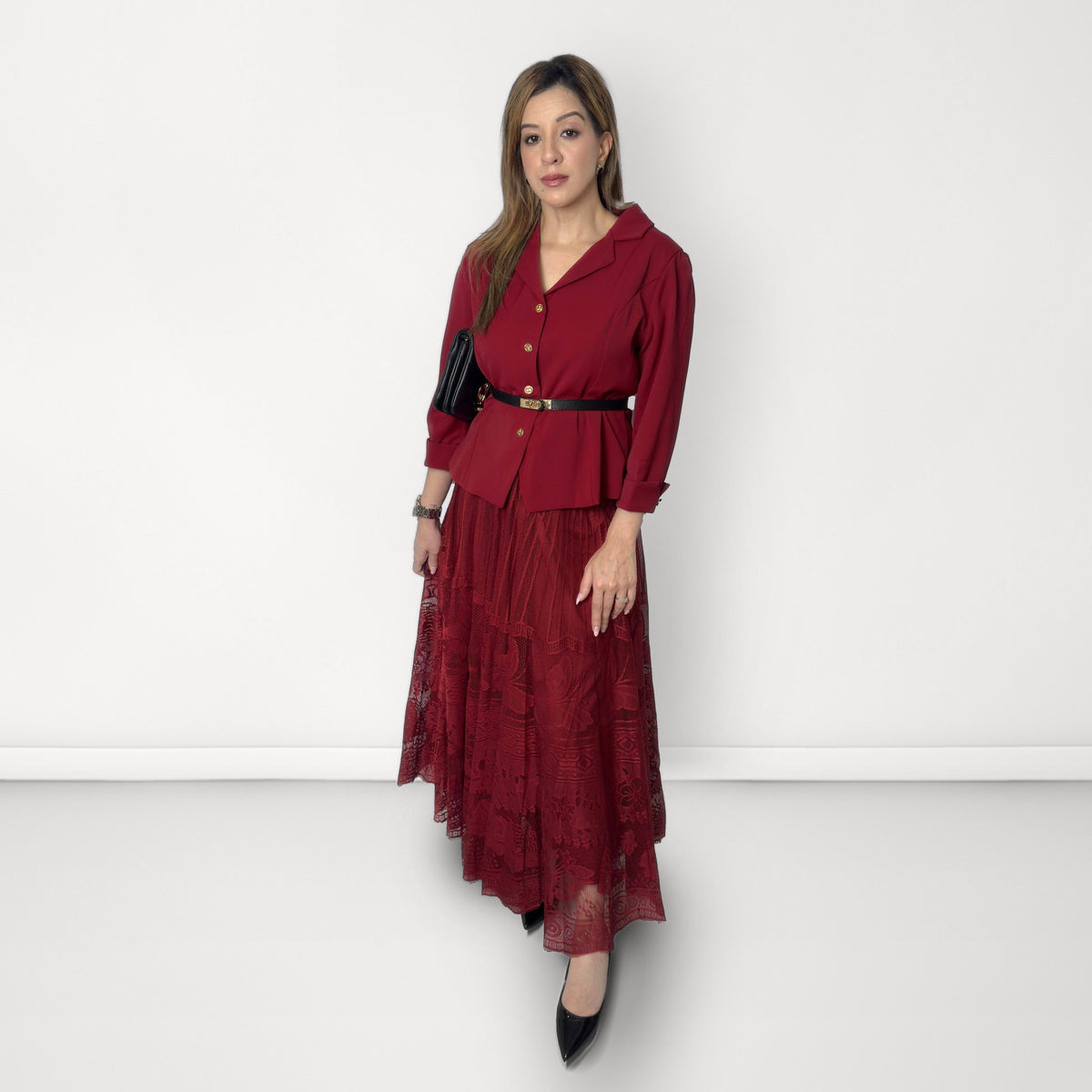 Blazer & Lace Skirt Set - Red