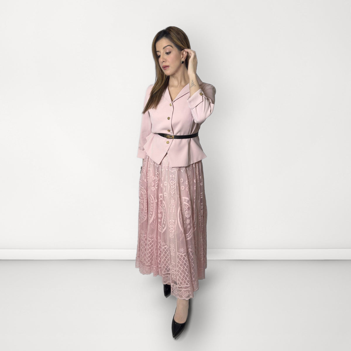 Blazer & Lace Skirt Set - Pink