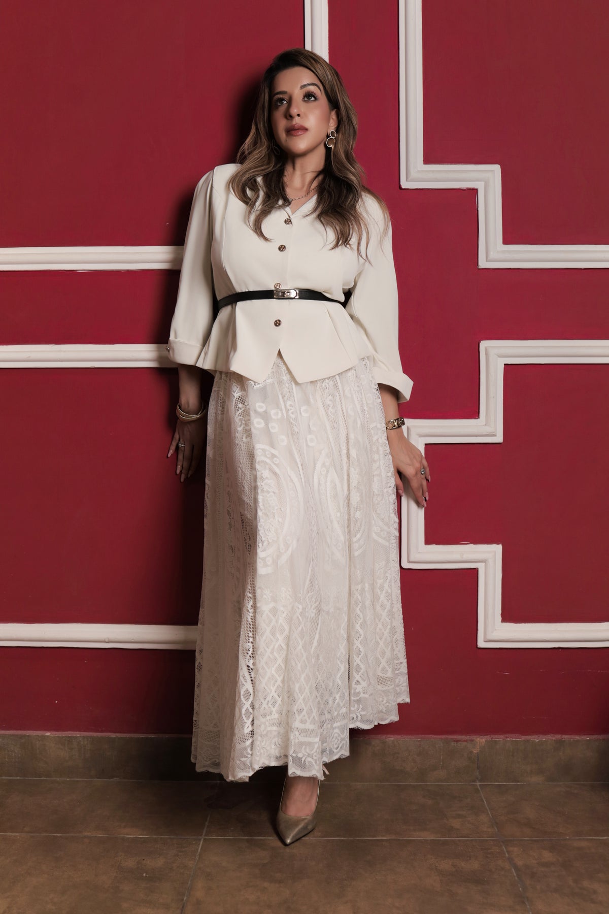 Blazer & Lace Skirt Set - White