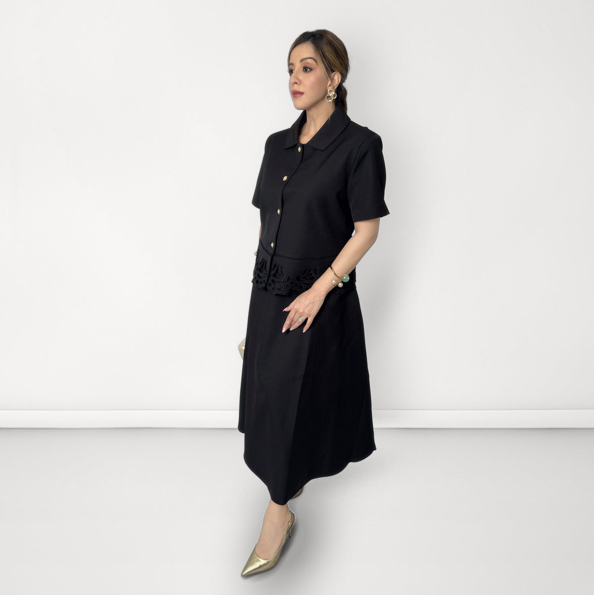 Cutwork Detail Top & Skirt Coord Set - Black