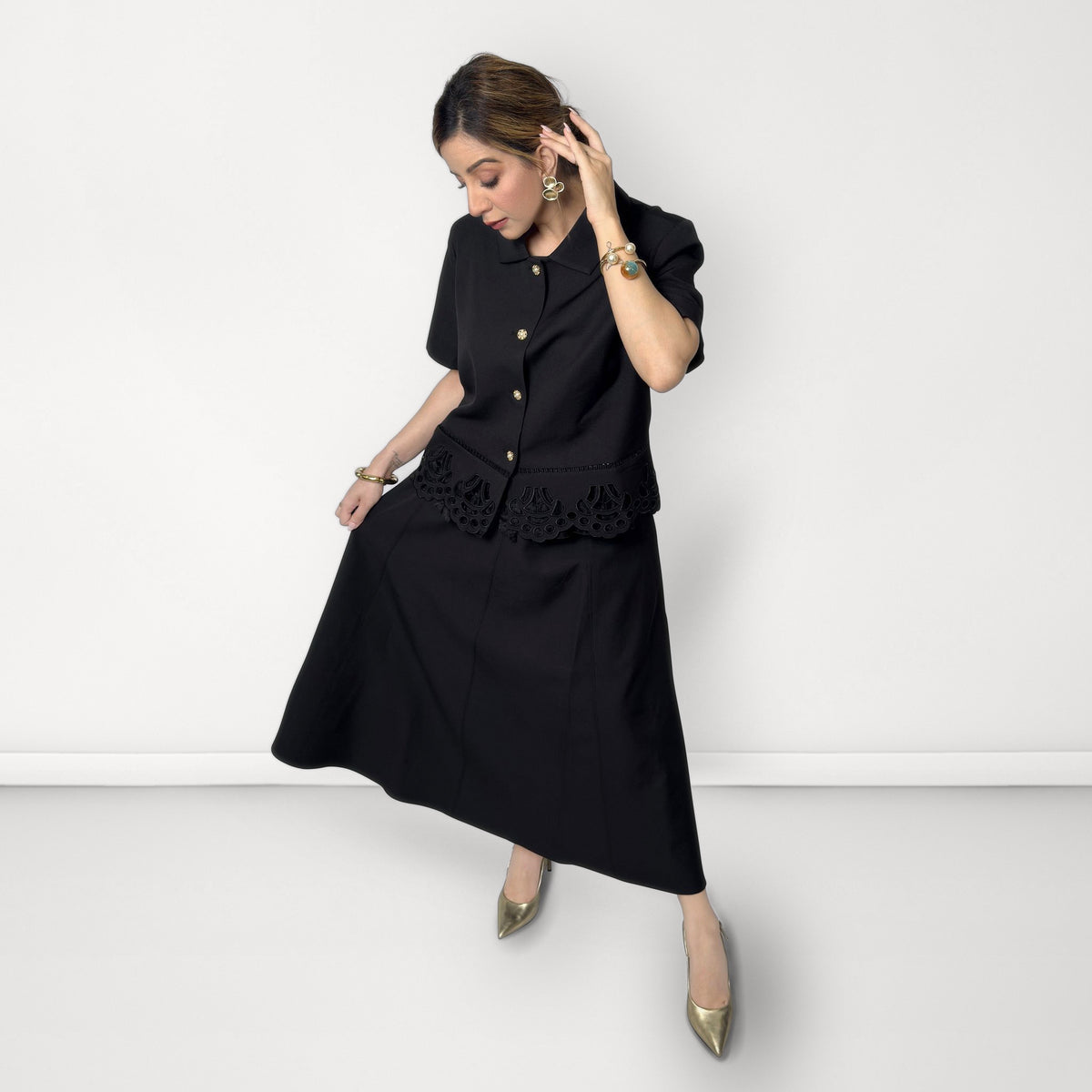 Cutwork Detail Top & Skirt Coord Set - Black