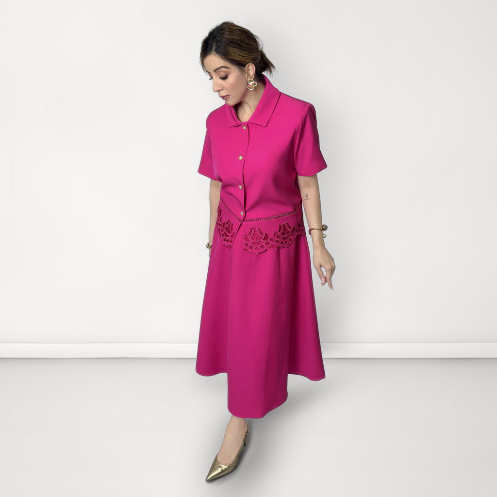 Cutwork Detail Top & Skirt Coord Set - Pink
