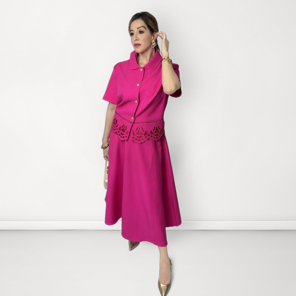 Cutwork Detail Top & Skirt Coord Set - Pink