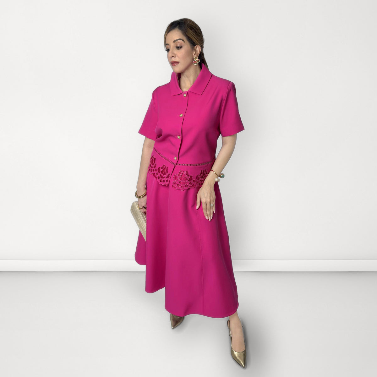 Cutwork Detail Top & Skirt Coord Set - Pink