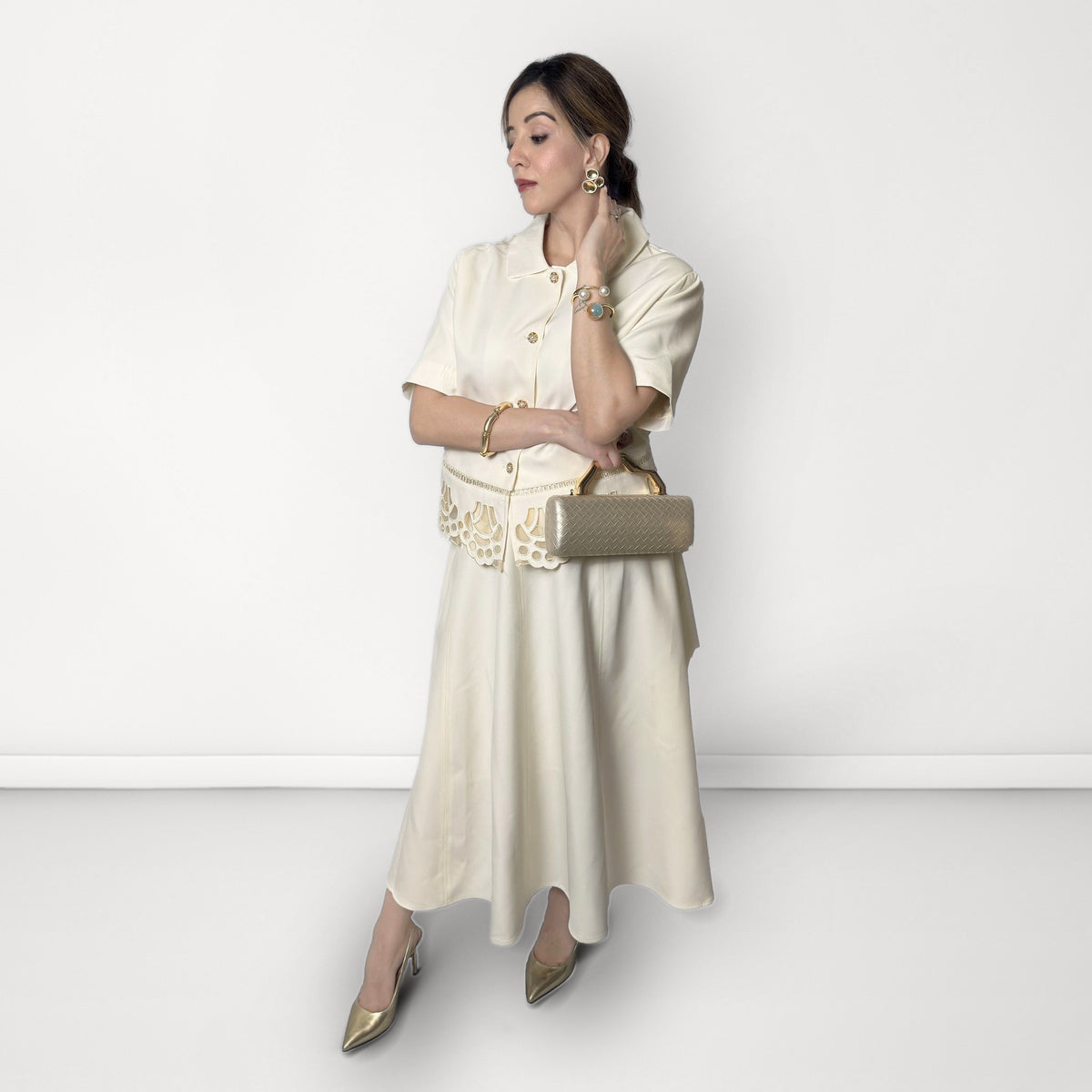 Cutwork Detail Top & Skirt Coord Set - Off-White/Cream