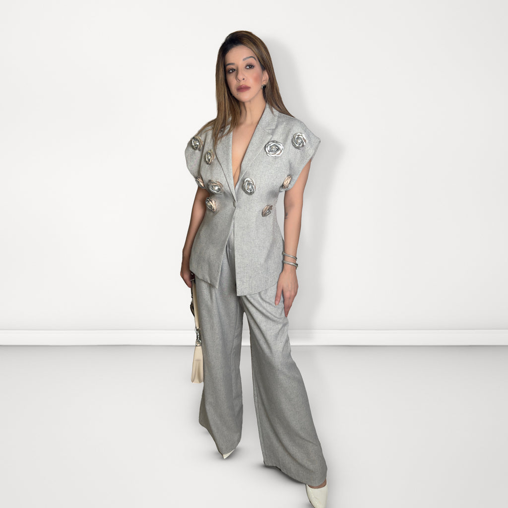 3D Flower Grey Pant Suit - Grey